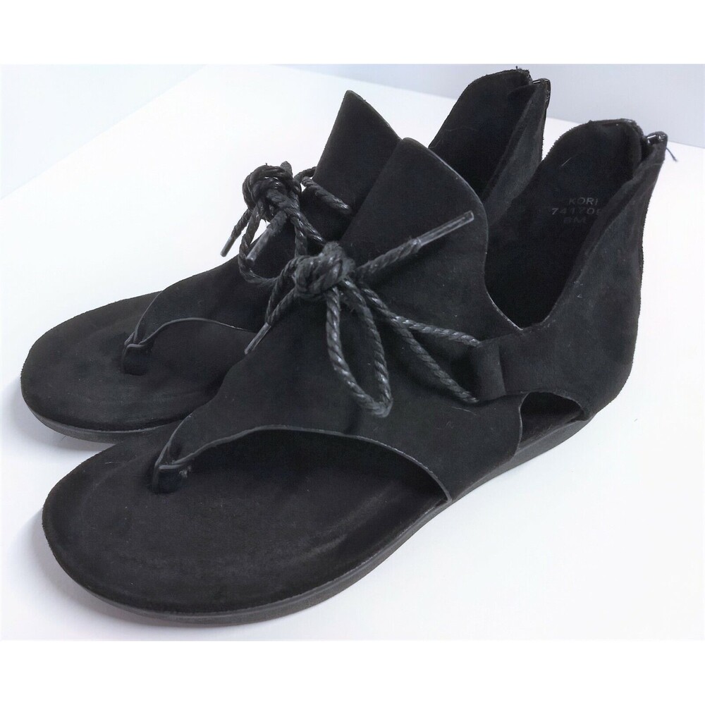 Pierre Dumas Kori Sandal T-Strap Zip Heel Low Wedge Black Faux Leather 6 M